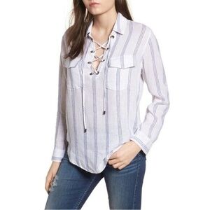 Rails Matea Lace-up Linen Blend Top Blouse Flamenco Stripe Shirt Blue White